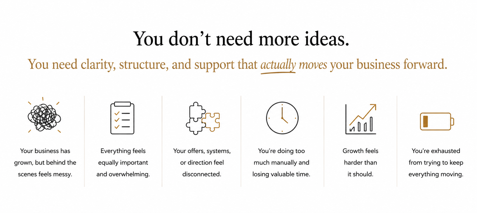Founder Overwhelm & Business Growth Challenges | Elite Focus Global Website section highlighting common founder challenges including overwhelm, disconnected systems, inefficient operations, and exhausting business growth.