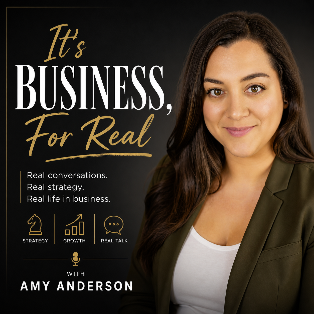 It’s Business, For Real Podcast Cover – Amy Anderson Podcast cover featuring Amy Anderson with the title It’s Business, For Real focused on strategy, growth, and real business conversations.